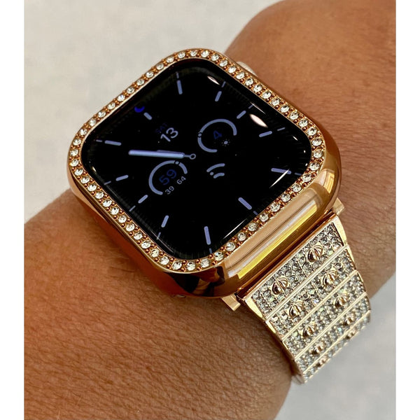 Rose Gold Apple Watch Band 41mm 45mm Series 7 Swarovski Crystals & or Apple Watch Case Cover Bling