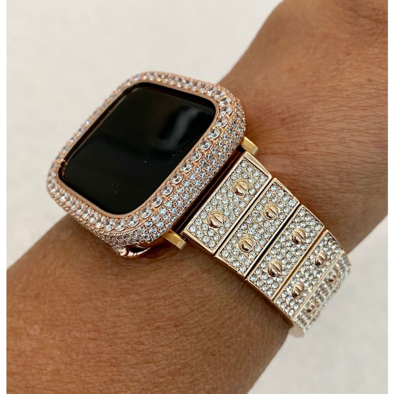 Rose Gold Apple Watch Band 41mm 45mm Swarovski Crystals & or Series 7 Lab Diamond Bezel Cover Case 38mm-44mm for Smartwatch