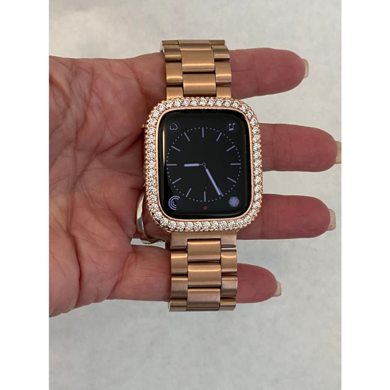 Rose Gold Apple Watch Band Lab Diamond Bezel Cover 38mm 40mm 41mm 42mm 44mm 45mm Series 8