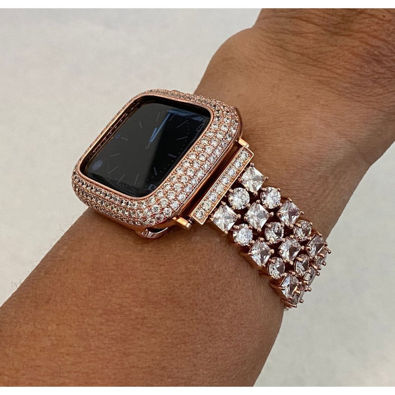 Rose Gold Apple Watch Band Series 8 41mm 45mm Swarovski Crystals & or Lab Diamond Bezel Cover 38 40 42 44mm Smartwatch Bling