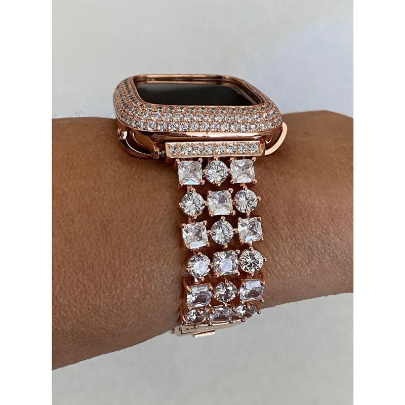 Rose Gold Apple Watch Band Series 8 41mm 45mm Swarovski Crystals & or Lab Diamond Bezel Cover 38 40 42 44mm Smartwatch Bling