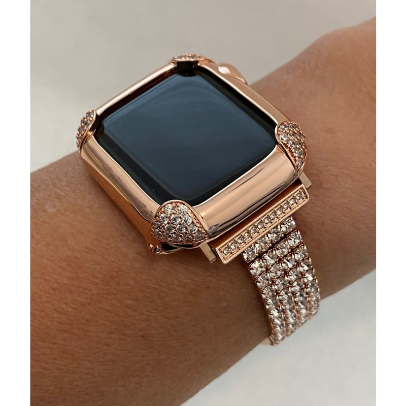 Rose Gold Apple Watch Band Women 38 40 42 44mm & or Pave Lab Diamond Bezel Case for Iwatch