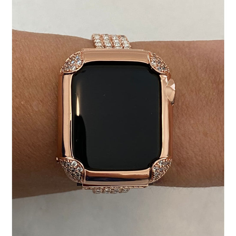 Rose Gold Apple Watch Band Women 38 40 42 44mm & or Pave Lab Diamond Bezel Case for Iwatch