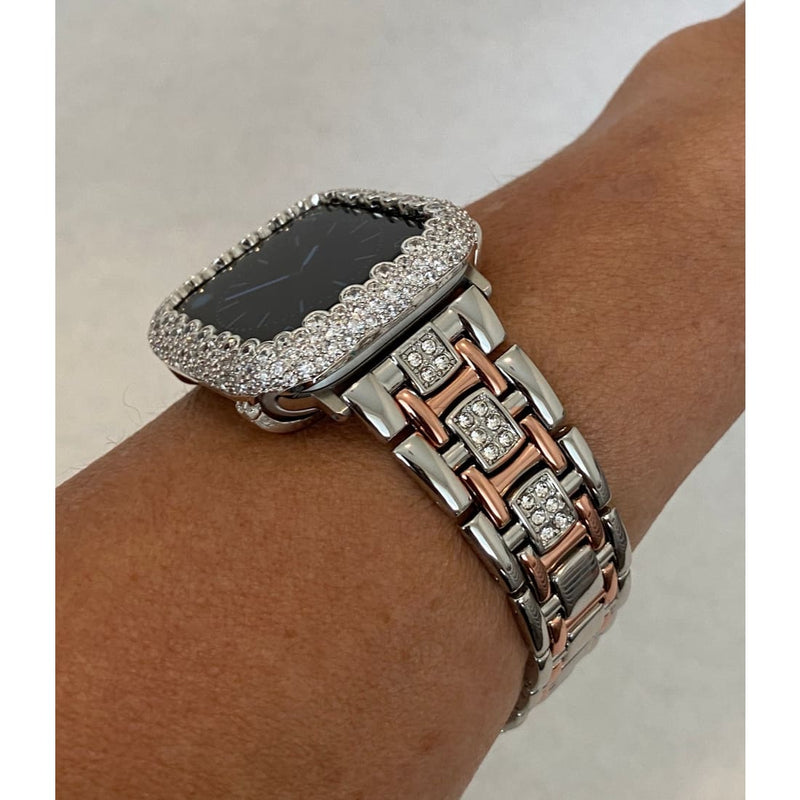 Series 1-8 Apple Watch Band 38mm 40mm 42mm 44mm Women Silver Rose Gold and or Lab Diamond Bezel Iwatch Bling
