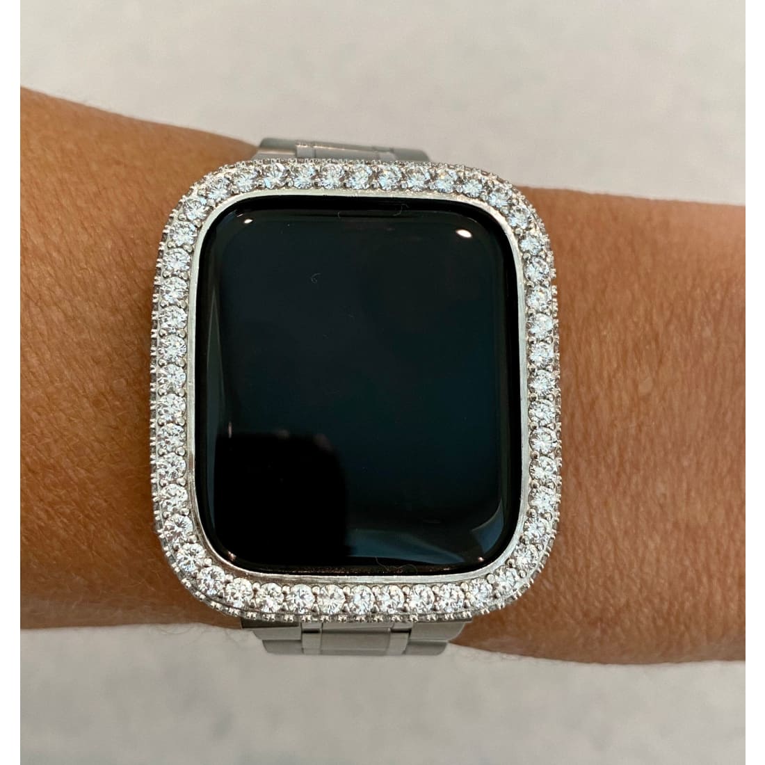 Series 1-8 Apple Watch Band 41mm 45mm Silver Stainless Steel Ultra Thin & or Lab Diamond Bezel Cover Bling for Smartwatch