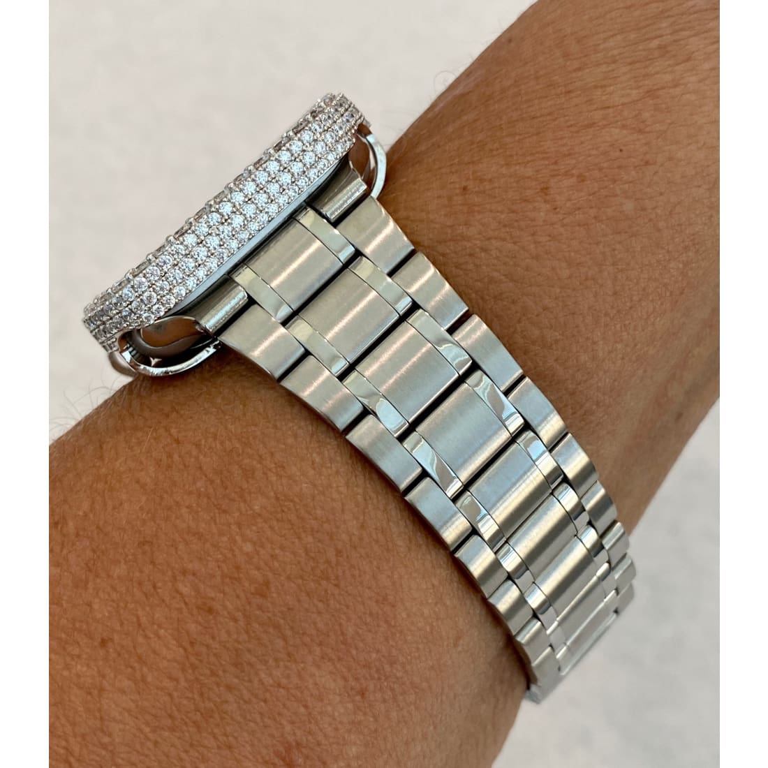Series 1-8 Apple Watch Band 41mm 45mm Silver Stainless Steel Ultra Thin & or Lab Diamond Bezel Cover Bling for Smartwatch