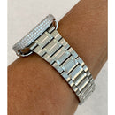 Series 1-8 Apple Watch Band 41mm 45mm Silver Stainless Steel Ultra Thin & or Lab Diamond Bezel Cover Bling for Smartwatch