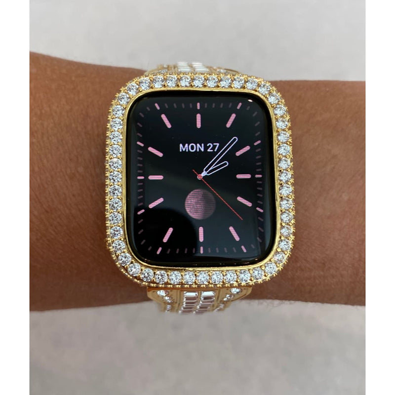 Series 1-8 Apple Watch Band 41mm 45mm Swarovski Crystals Baguettes & or Lab Diamond Bezel Bumper Cover 38mm-44mm Smartwatch Gold