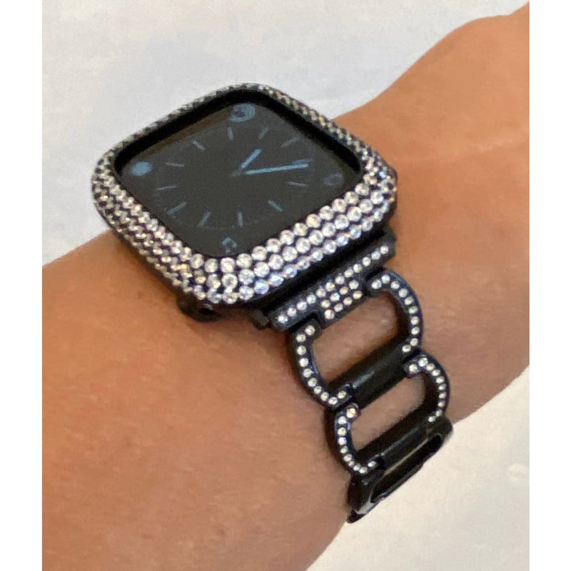 Series 1-8 Apple Watch Band Black 41mm 45mm & or Lab Diamond Bezel Cover 38mm 40mm 42mm 44mm Iwatch Case
