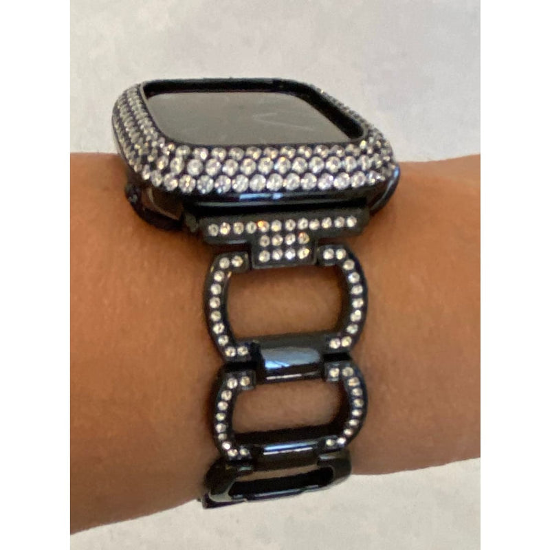 Series 1-8 Apple Watch Band Black 41mm 45mm & or Lab Diamond Bezel Cover 38mm 40mm 42mm 44mm Iwatch Case