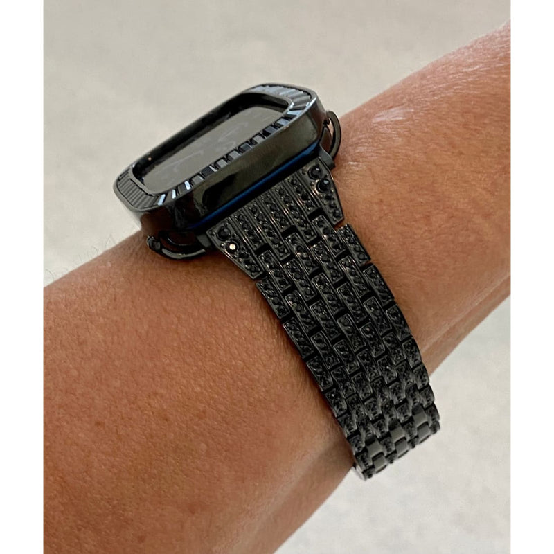 Series 1-8 Apple Watch Band Black on Black & or Iwatch Lab Diamonds Bezel Case Cover 38mm 40mm 41mm 42mm 44mm 45mm