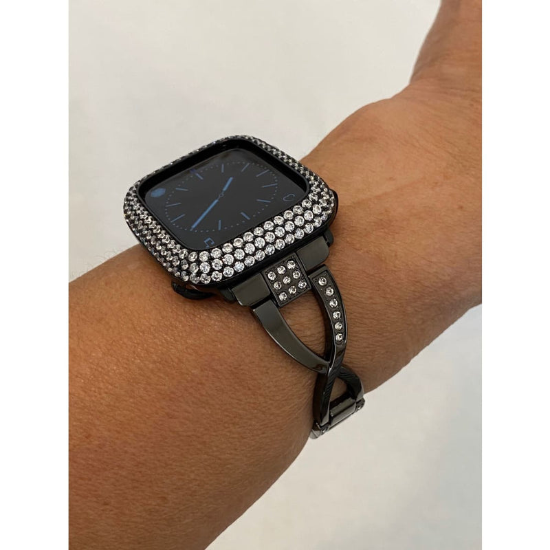 Series 1-8 Apple Watch Band Black Swarovski Crystals & or Lab Diamond Bezel Cover 38mm 40mm 41mm 42mm 44mm 45mm Iwatch Bling