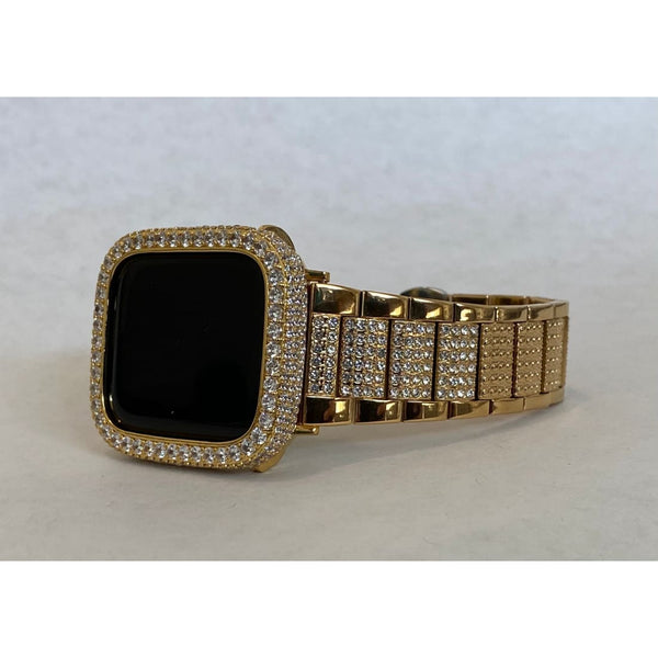 Series 1-8 Apple Watch Band Gold 41mm 45mm & or Lab Diamond Bezel Case Cover 38 40 42 44mm for Smartwatch Bumper Bling