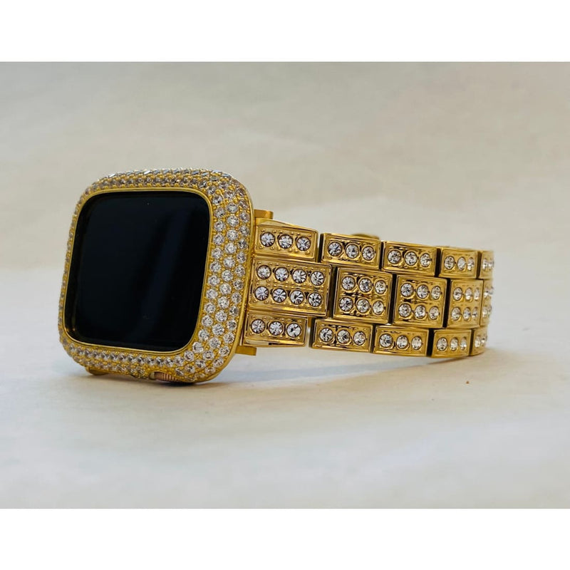 Series 1-8 Apple Watch Band Gold 41mm 45mm Swarovski Crystals & or Smartwatch Lab Diamond Bezel Cover Bumper 38mm-45mm