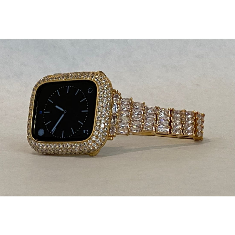 Series 1-8 Apple Watch Band Gold Swarovski Crystals & or Lab Diamond Bezel Case Smartwatch Bumper Bling 38mm-45mm