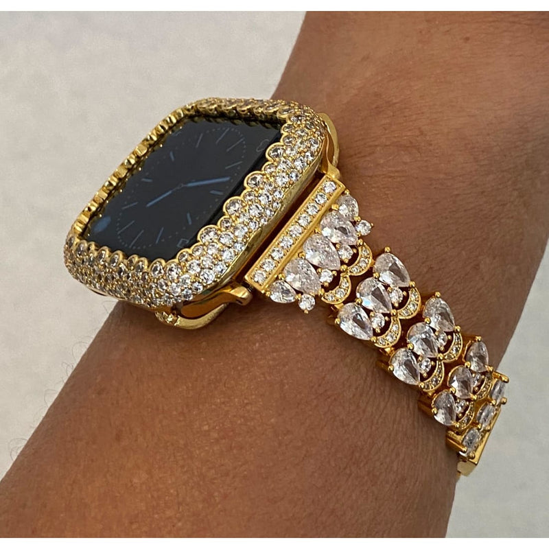 Series 1-8 Apple Watch Band Gold Swarovski Crystals & or Pave Lab Diamond Bezel Cover 38mm-45mm Smartwatch Bumper Bling
