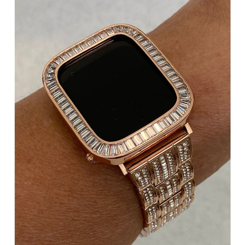 Series 1-8 Apple Watch Band Rose Gold Swarovski Crystals & or Lab Diamond Bezel Cover Iwatch 38mm 40mm 41mm 42mm 44mm 45mm