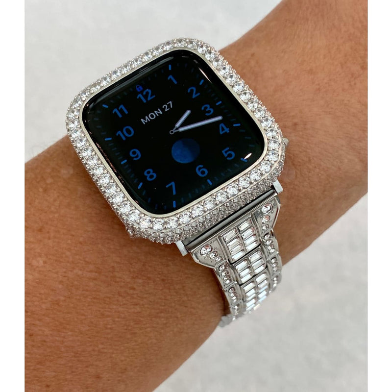 Series 1-8 Apple Watch Band Silver or Gold & or Lab Diamond Bezel Cover Smartwatch Bumper Bling 38mm-45mm