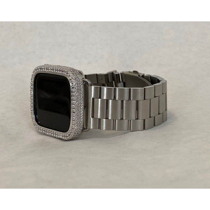 Series 1-8 Apple Watch Band Silver Stainless Steel & or Lab Diamond Bezel Case Smartwatch Bumper Bling 38mm 40mm 41mm 42mm 44mm 45mm