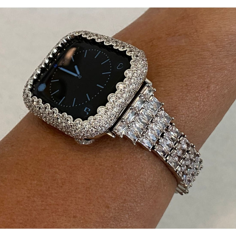 Series 1-8 Apple Watch Band Silver Swarovski Crystals & or White Gold Lab Diamond Bezel Cover Smartwatch Bumper Bling 38mm-45mm