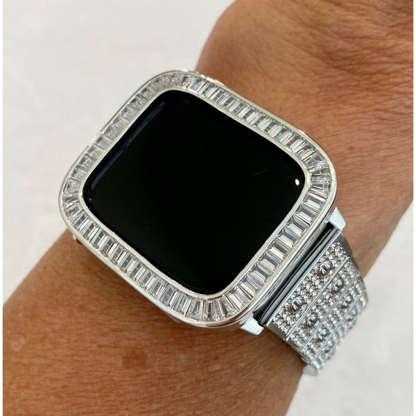 Series 1-8 Apple Watch Band White Gold 38 40 41 42 44 45mm Swarovski Crystals & or Baguette Lab Diamond Bezel Case Cover Bling