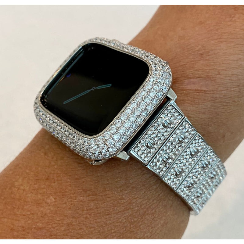 Series 1-8 Apple Watch Band White Gold 41mm 45mm Swarovski Crystals & or Silver Lab Diamond Bezel Case Cover Bling for Smartwatch