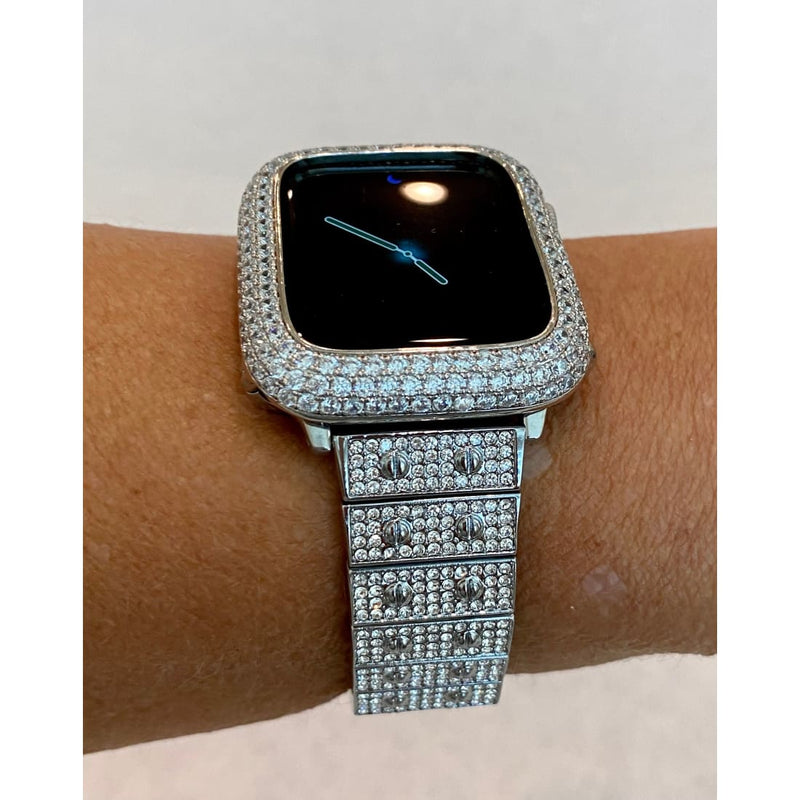 Series 1-8 Apple Watch Band White Gold 41mm 45mm Swarovski Crystals & or Silver Lab Diamond Bezel Case Cover Bling for Smartwatch