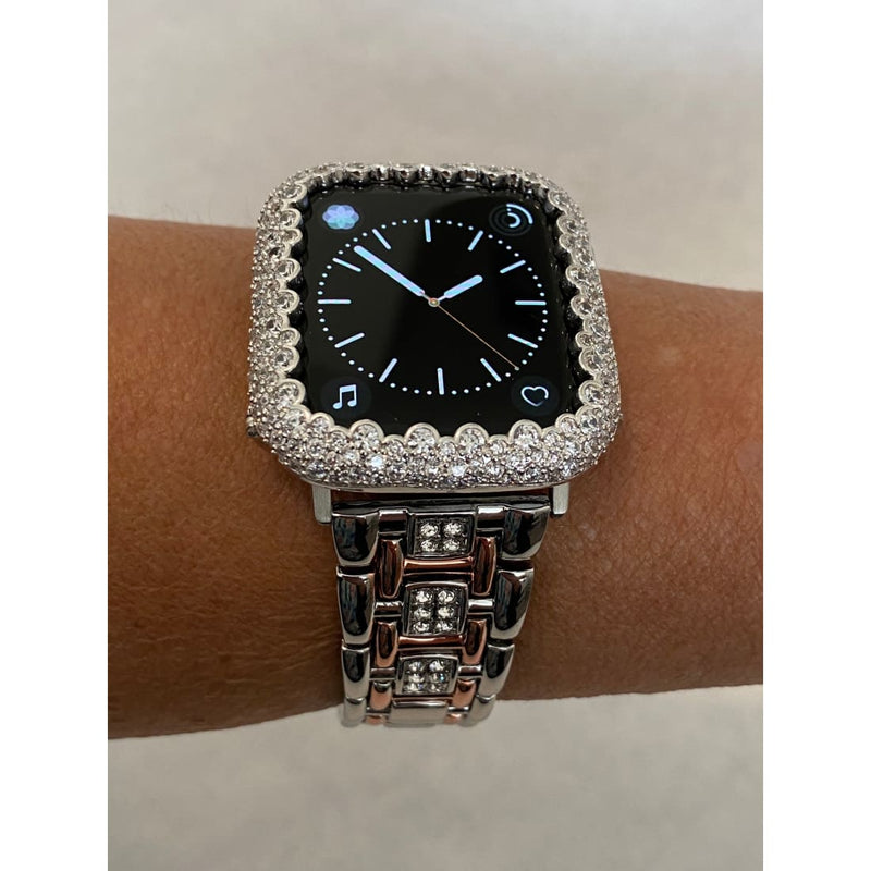 Series 1-8 Apple Watch Band Women Silver Rose Gold and or Lab Diamond Bezel Iwatch Bling 38mm-45mm