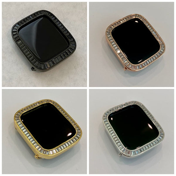 Series 1-8 Apple Watch Bezel Case Cover Large Lab Diamond Baguettes 38mm 40mm 41mm 42mm 44mm 45mm in Silver, Gold, Rose Gold and Black