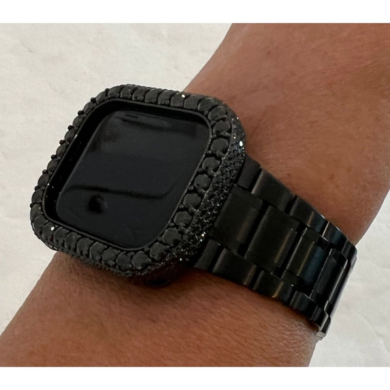 Series 1-8 Black Apple Watch Band 41mm 45mm Stainless Steel Ultra Thin & or 3.5mm Lab Diamond Bezel Bumper Cover Bling