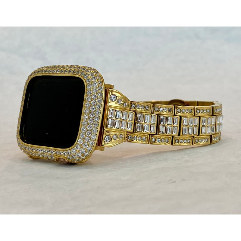 Series 1-8 Gold Apple Watch Band 41mm 45mm 38mm 40mm 42mm 44mm Swarovski Crystals & or Lab Diamond Bezel Cover Bumper Series 7