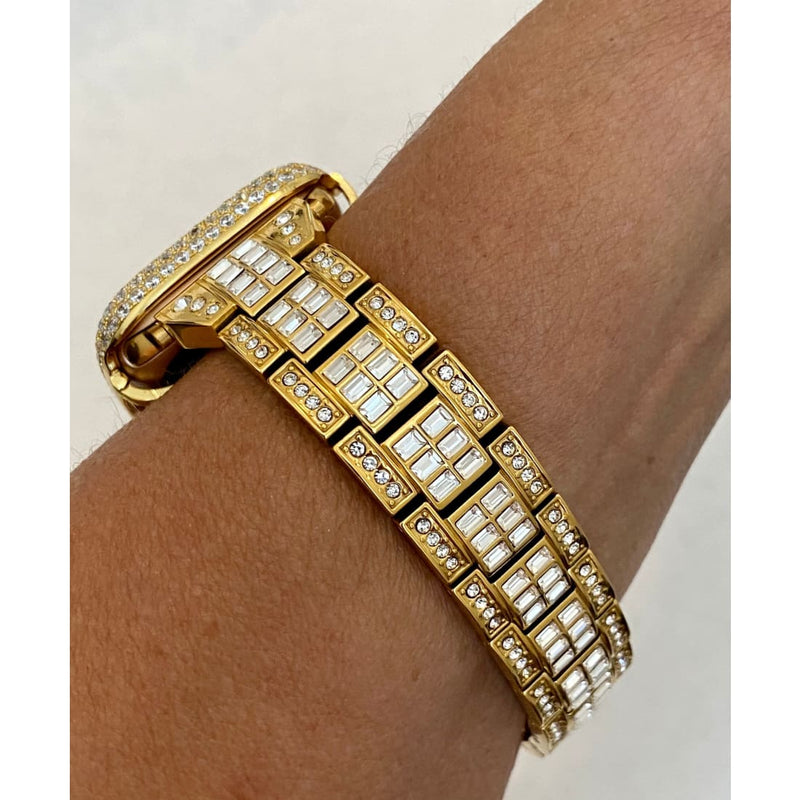 Series 1-8 Gold Apple Watch Band 41mm 45mm 38mm 40mm 42mm 44mm Swarovski Crystals & or Lab Diamond Bezel Cover Bumper Series 7