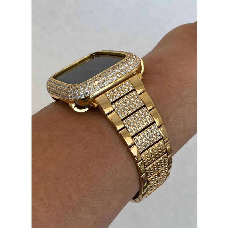 Series 1-8 Gold Apple Watch Band 41mm 45mm Swarovski Crystals & or Lab Diamond Bezel Cover 38mm 40mm 42mm 44mm Smartwatch Bling
