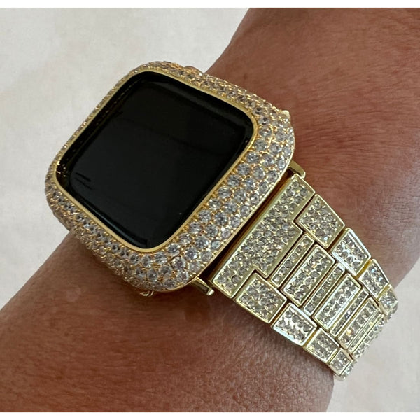 Series 1-8 Pave Apple Watch Band 38 40 41 42 44 45mm Gold & or Lab Diamond Bezel Cover Smartwatch Case Bling
