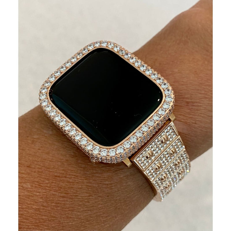 Series 1-8 Rose Gold Apple Watch Band Swarovski Crystal 41mm 45mm & or Lab Diamond Bezel Bumper Cover Bling 38mm-44mm