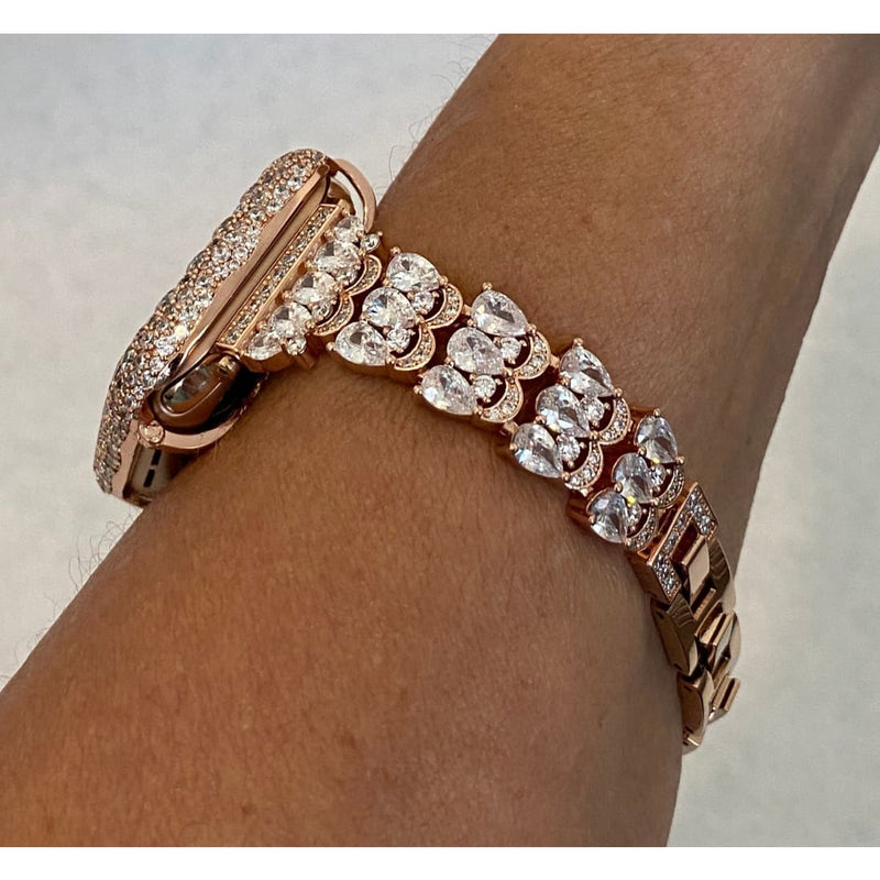 Series 1-8 Swarovski Crystal Apple Watch Band Rose Gold & or Lab Diamond Bezel Cover 41mm 45mm Smartwatch Bumper Bling Series 8