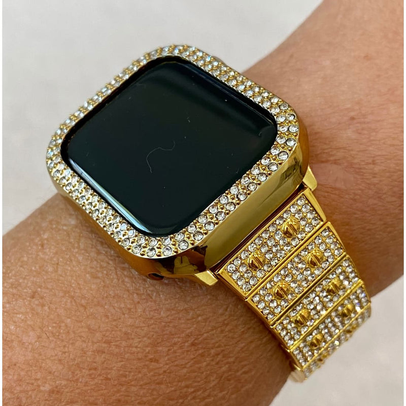 Series 2-8 Apple Watch Band 38mm-45mm Yellow Gold Swarovski Crystals & or Apple Watch Case Cover Bling Smartwatch Bumper