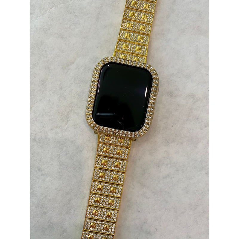 Series 2-8 Apple Watch Band 38mm-45mm Yellow Gold Swarovski Crystals & or Apple Watch Case Cover Bling Smartwatch Bumper