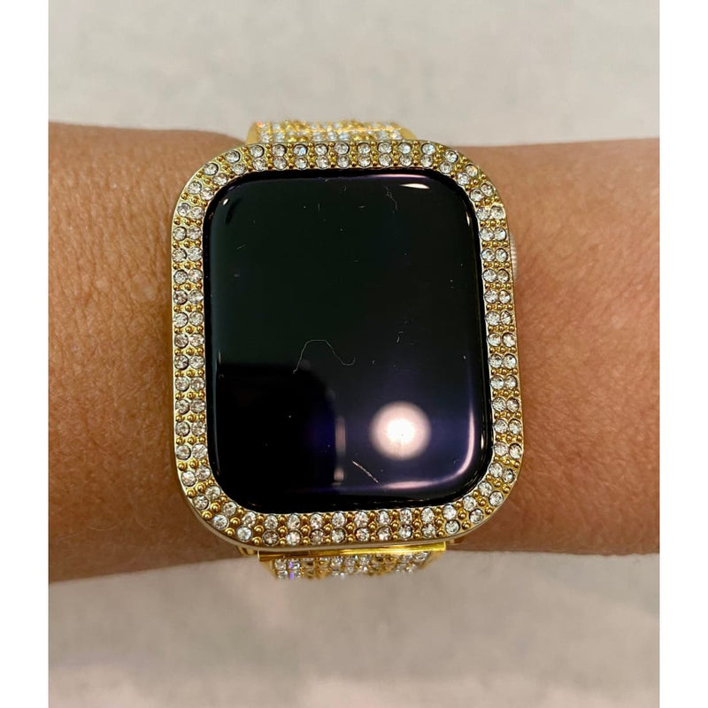 Series 2-8 Apple Watch Band 38mm-45mm Yellow Gold Swarovski Crystals & or Apple Watch Case Cover Bling Smartwatch Bumper