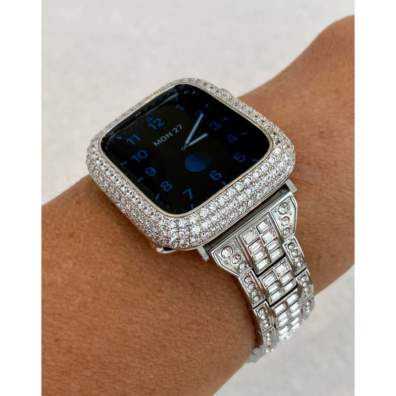Series 2-8 Apple Watch Band Silver Swarovski Crystals 41mm 45mm Bling & or Lab Diamond Bezel Case Cover Smartwatch Bumper Bling