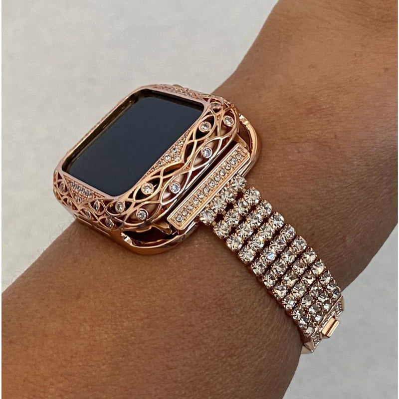 Apple Watch Band Silver, Rose Gold Bling Women Strap & Case Set 8 7 6 –  www.