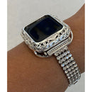 Series 2-8 Apple Watch Band Women Silver 38mm 40mm 41mm 42mm 44mm 45mm & or Swarovski Crystal Lace Bezel Cover Smartwatch Bumper Bling