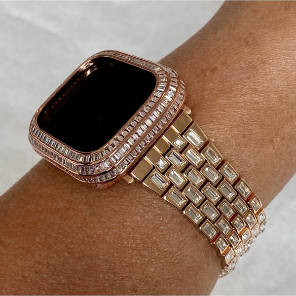 Series 4-8 Rose Gold Apple Watch Band with Baguettes 40mm-45mm & or Lab Diamond Baguette Bezel Cover Smartwatch Bumper Bling