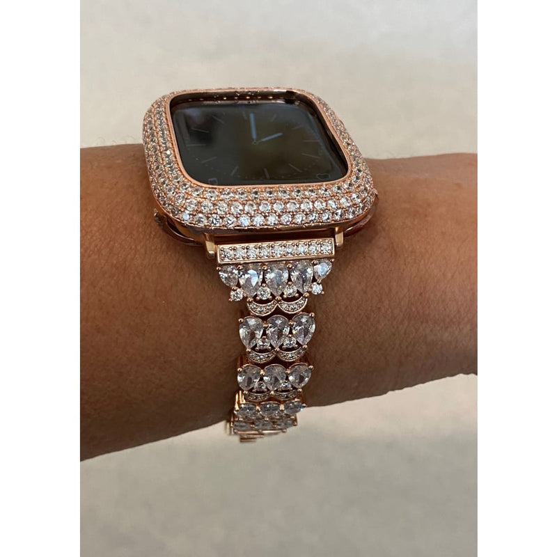 Series 7-8 41mm 45mm Apple Watch Band Rose Gold Swarovski Crystals & or Lab Diamond Bezel Cover Smartwatch Bumper Case 38-45mm S1-7