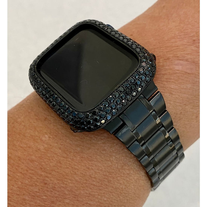 Series 7-8 41mm 45mm Apple Watch Band Stainless Steel & or Black on Black Lab Diamond Bezel Cover Iwatch Bumper