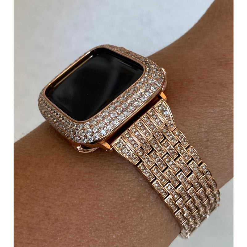 Series 7-8 41mm 45mm Apple Watch Band Swarovski Crystals & or Rose Gold Lab Diamond Bezel Smartwatch Bumper Bling 38mm-45mm
