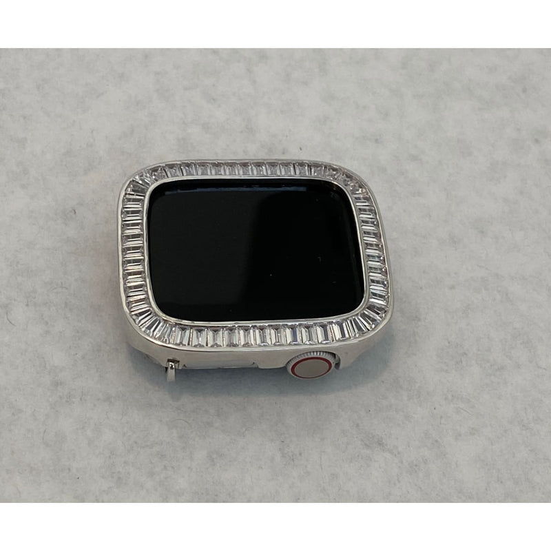 Series 7-8 Apple Watch Bezel Cover 41mm 45mm Lab Diamond Baguettes Silver Smartwatch Case Bling Series 1-8 SE