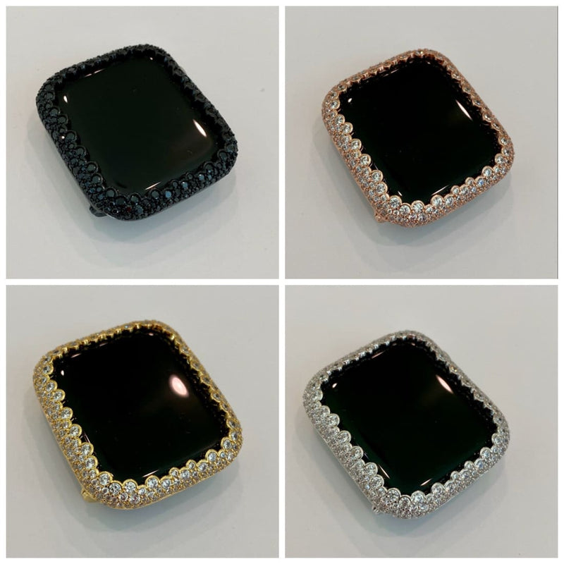 Series 7,8 Apple Watch Case Cover 41mm 45mm Lab Diamond Bezel 38 40 42 44mm in Silver, Rose Gold, Yellow Gold, Black on Black