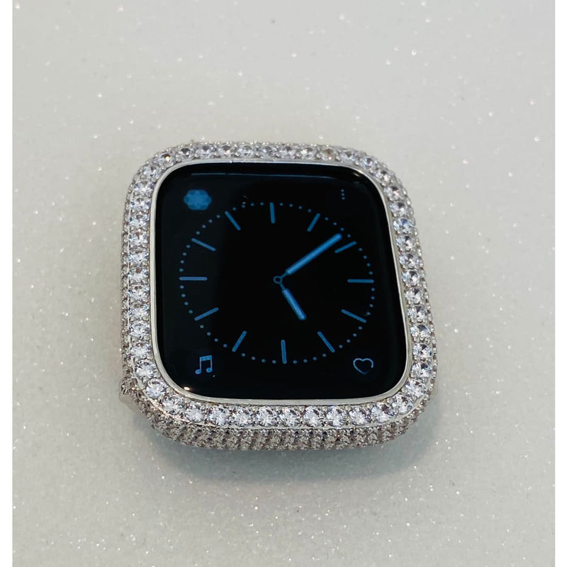 Series 7-8 Custom Apple Watch Cover 41mm 45mm Silver Lab Diamond Bezel, Metal Iwatch Case Bling 38mm 40mm 42mm 44mm, Smartwatch Bumper