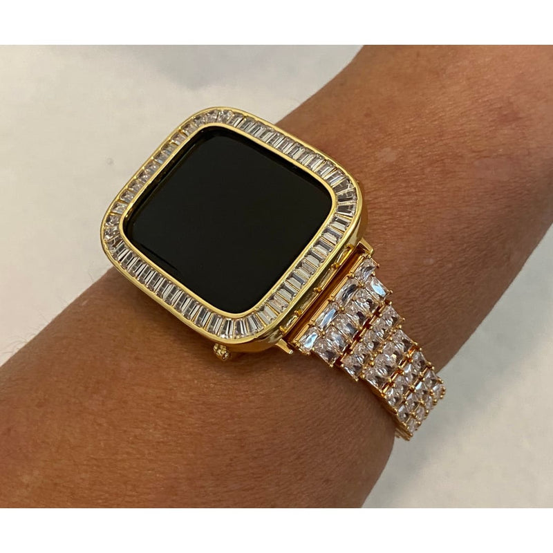 Series 7,8 Gold Apple Watch Band 41mm 45mm Swarovski Crystals & or Lab Diamond Baguette Bezel Cover Smartwatch Case Bling 38mm-45mm